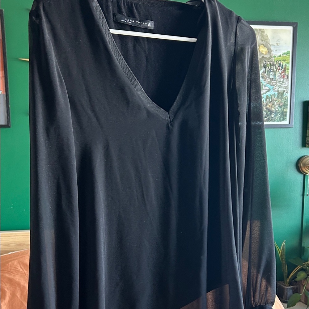 Zara Black Sheer Sleeve, V - Neck Blouse ✨